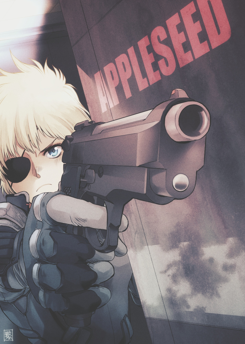 1girl absurdres appleseed black_gloves blonde_hair blue_eyes copyright_name deunan_knute eyepatch finger_on_trigger fingerless_gloves frown gloves gun handgun highres holding holding_gun holding_weapon kikumaru_bunta muted_color short_hair solo weapon weapon_focus