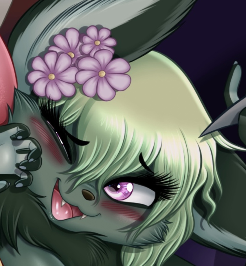 anthro bat batflower character_name: fangs female green_hair hair hi_res lemur2003_(artist) mammal pink_eyes rakka_batflower smile solo teeth