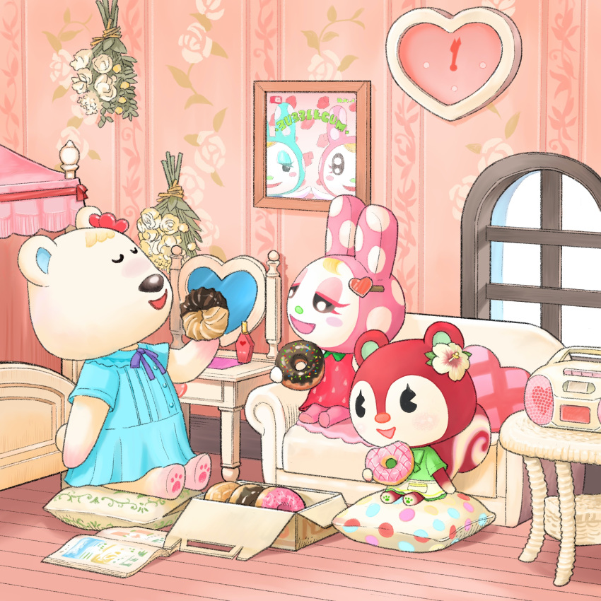 3girls :d absurdres animal_crossing apron bear_girl blue_dress blush book bottle bouquet buttons chair chrissy_(animal_crossing) clock closed_eyes commentary_request couch cushion doughnut dress ear_ornament eyelashes flower food francine_(animal_crossing) furry furry_female green_dress heart heart-shaped_clock heart_pillow highres holding holding_food indoors looking_at_another multiple_girls neck_ribbon on_couch open_book open_mouth perfume_bottle picture_frame pillow poppy_(animal_crossing) purple_ribbon rabbit_girl radio red_dress ribbon rose senrotou short_sleeves smile squirrel_girl table tutu_(animal_crossing) waist_apron wall_clock white_apron white_flower white_rose window wooden_floor