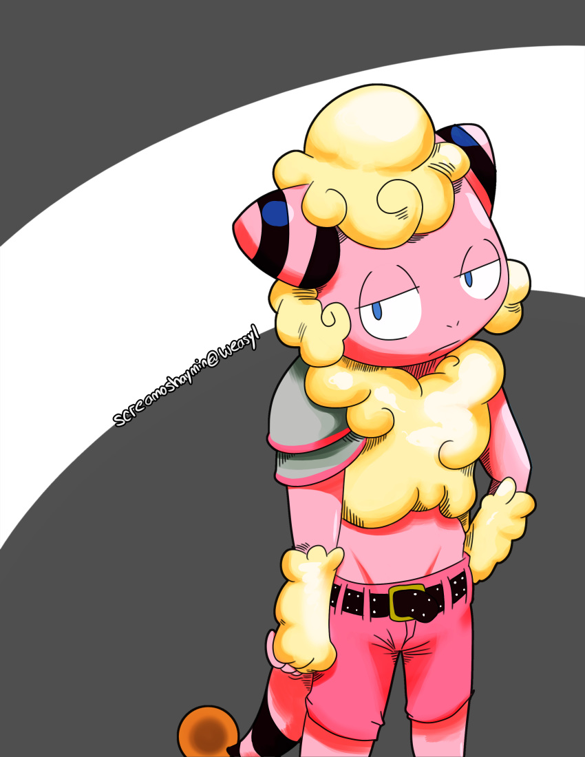 2018 anthro belt bovid caprine clothed clothing digital_media_(artwork) flaaffy mammal mareep nintendo pok&eacute;mon pok&eacute;mon_(species) screamoshaymin simple_background solo sunny_(hebleh) video_games wool