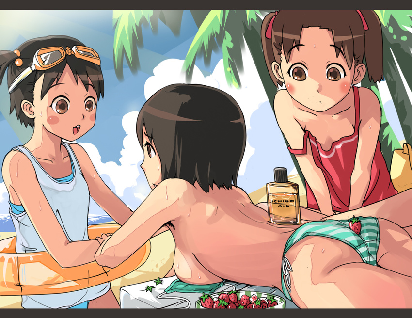 armpit_hair ass bad_id bad_pixiv_id beach bikini black_hair blush breast_press breasts brown_eyes brown_hair chanchan day food fruit goggles goggles_on_head hair_bobbles hair_ornament ichigo_mashimaro innertube itou_chika itou_nobue letterboxed lotion matsuoka_miu medium_breasts multiple_girls object_on_ass one-piece_swimsuit open_mouth outdoors sand short_hair siblings side-tie_bikini side_ponytail sisters strap_slip strawberry sunscreen swimsuit v_arms water