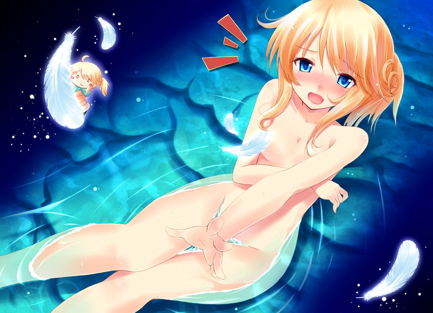 1girl bad_id bad_pixiv_id blonde_hair blue_eyes blush breasts chibi convenient_censoring covering covering_breasts embarrassed esia_mariveninne fang feathers from_above komone_ushio long_hair looking_at_viewer looking_up nude original outstretched_hand sitting small_breasts solo tears water