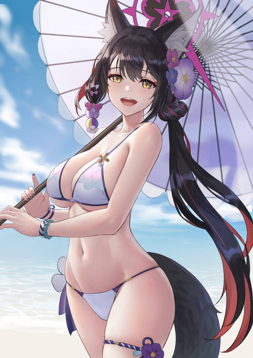 1girl :d animal_ears beach bikini black_hair blue_archive blue_nails blush breasts brown_hair cleavage commentary_request cowboy_shot day eyeshadow flower fox_ears fox_girl fox_tail groin hair_between_eyes hair_flower hair_ornament halo hands_up happy highres hip_focus holding holding_umbrella kitsune large_breasts long_hair looking_at_viewer makeup multicolored_hair navel ocean outdoors red_eyeshadow red_hair sion_(9117) smile solo streaked_hair swimsuit tail teeth thigh_strap thighs two-tone_hair umbrella underboob upper_teeth_only very_long_hair wakamo_(blue_archive) wakamo_(swimsuit)_(blue_archive) yellow_eyes