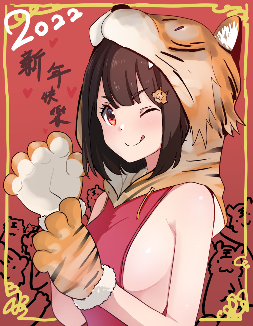 1girl 2022 ;q animal_hands animal_hood animal_print bangs bare_shoulders blush breasts brown_hair copyright_request dress fur-trimmed_gloves fur_trim gloves h2o_(ddks2923) heart highres hood hood_up large_breasts one_eye_closed red_background red_dress short_hair smile solo tiger_hair_ornament tiger_hood tiger_paws tiger_print tongue tongue_out translation_request upper_body