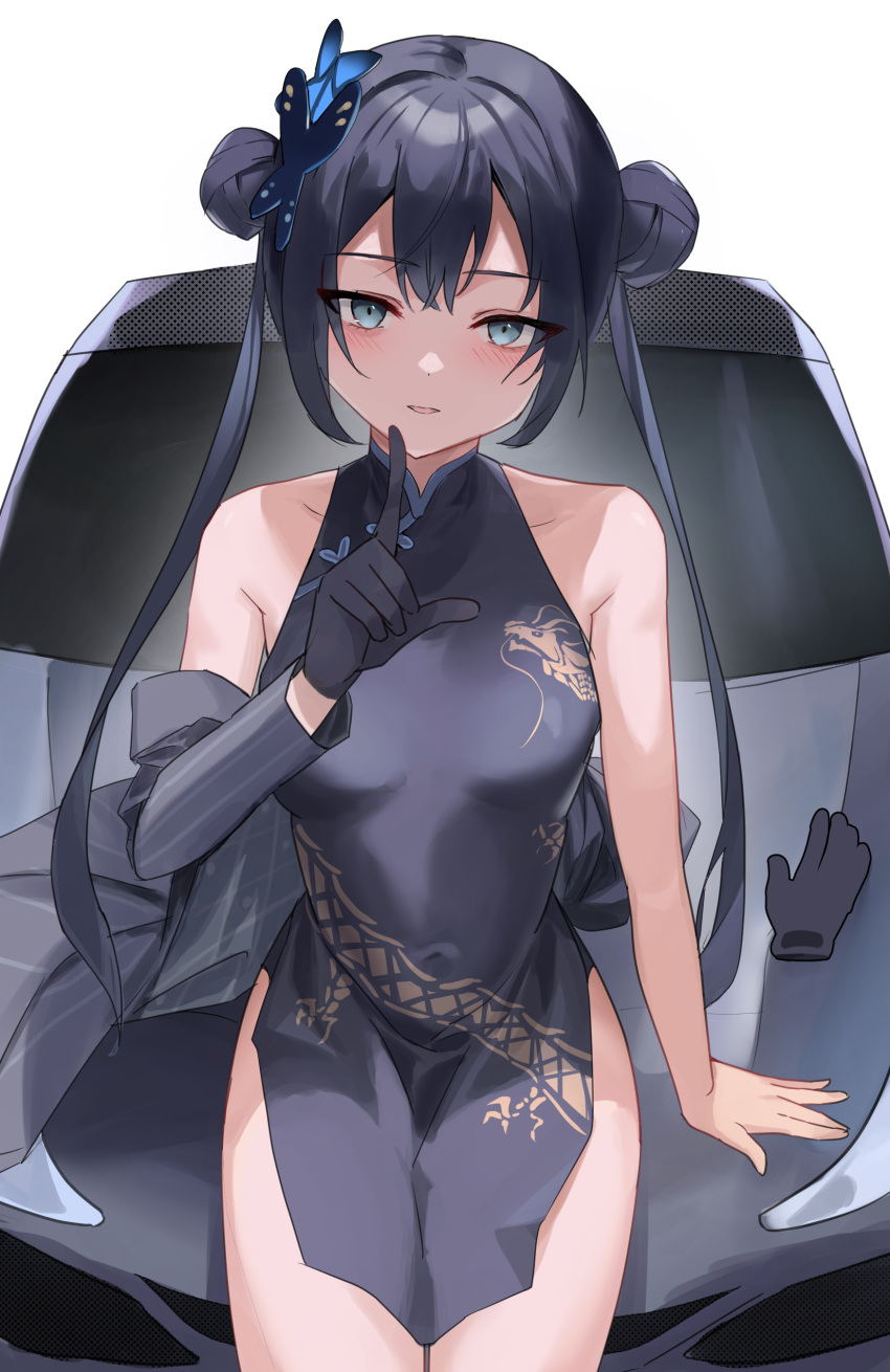 1girl absurdres bare_shoulders black_dress black_gloves black_hair blue_archive blush breasts butterfly_hair_ornament car china_dress chinese_clothes coat coat_partially_removed collarbone commentary covered_navel double_bun dragon_print dress feet_out_of_frame gloves gloves_removed grey_coat grey_eyes ground_vehicle hair_bun hair_ornament hand_up highres index_finger_raised kisaki_(blue_archive) leaning_against_vehicle long_hair looking_at_viewer motor_vehicle nimiru_namire open_mouth pelvic_curtain pinstripe_pattern print_dress short_dress side_slit sleeveless sleeveless_dress small_breasts solo straight-on striped twintails vertical-striped_coat white_background