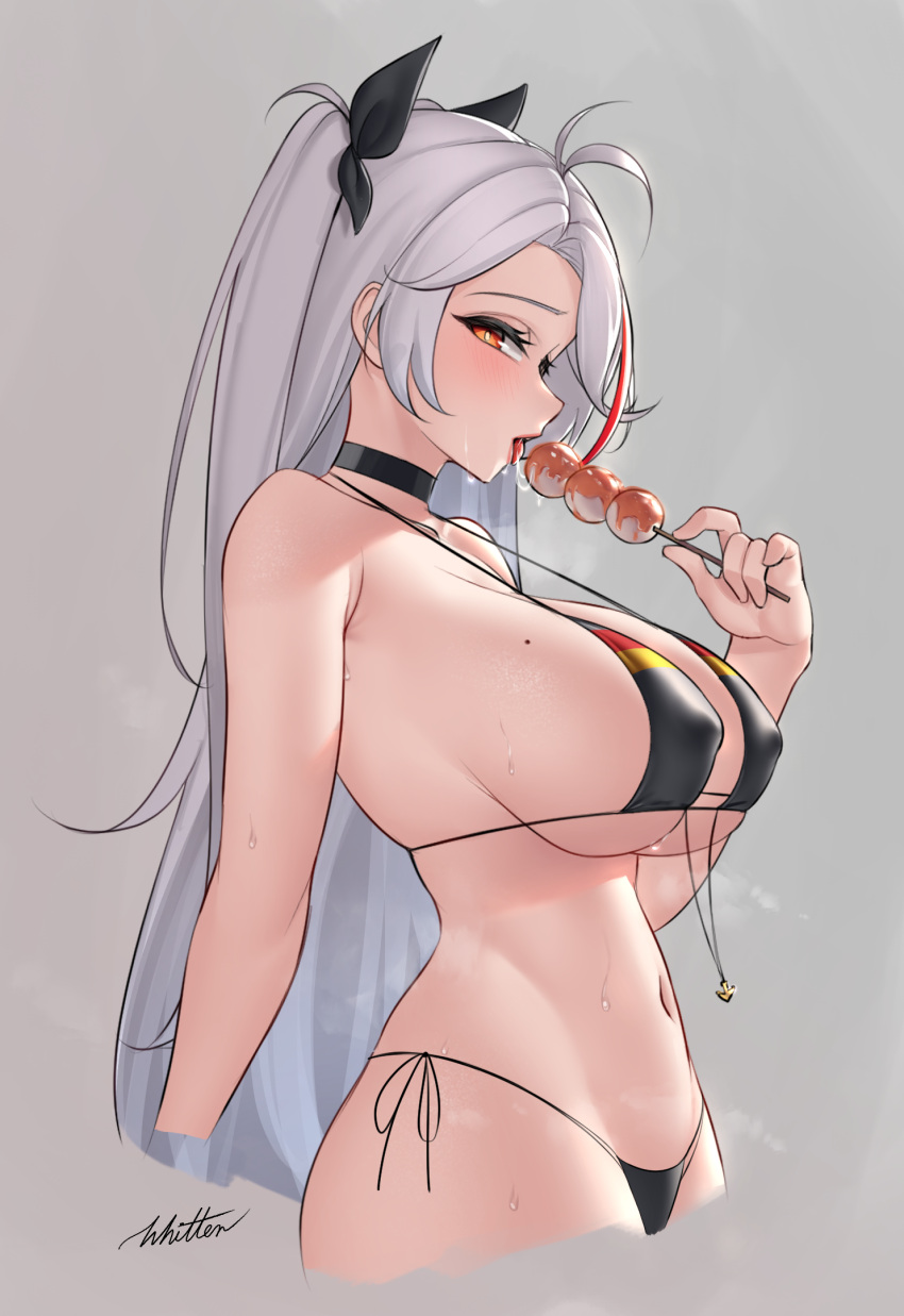 1girl ahoge azur_lane bikini black_bikini black_choker black_ribbon breasts choker covered_nipples cropped_arms cropped_legs dango food from_side grey_background grey_hair hair_ri highres holding holding_food holding_skewer large_breasts long_hair looking_at_viewer micro_bikini mole mole_on_breast multicolored_hair navel orange_eyes prinz_eugen_(azur_lane) prinz_eugen_(unfading_smile)_(azur_lane) red_hair ribbon saliva saliva_trail sexually_suggestive signature simple_background skewer solo stomach strap_gap streaked_hair string_bikini sweat swimsuit takoyaki tongue tongue_out two_side_up wagashi white_hair whitter