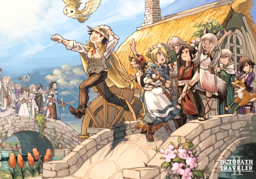 6+boys 6+girls agnea_(octopath_traveler) alfyn_greengrass animal_ears arms_up bird bridge castti_(octopath_traveler) copyright_name cyrus_albright dress everyone facial_mark fox h'aanit_(octopath_traveler) hat hikari_(octopath_traveler) irono16 jacket jacket_on_shoulders multiple_boys multiple_girls ochette_(octopath_traveler) octopath_traveler octopath_traveler_ii olberic_eisenberg open_mouth ophilia_clement osvald_(octopath_traveler) outstretched_arm owl partitio_(octopath_traveler) primrose_azelhart smile staff sword tail temenos_(octopath_taveler) therion_(octopath_traveler) throne_(octopath_traveler) tressa_colzione waistcoat walking water_wheel weapon whisker_markings wolf_ears wolf_tail