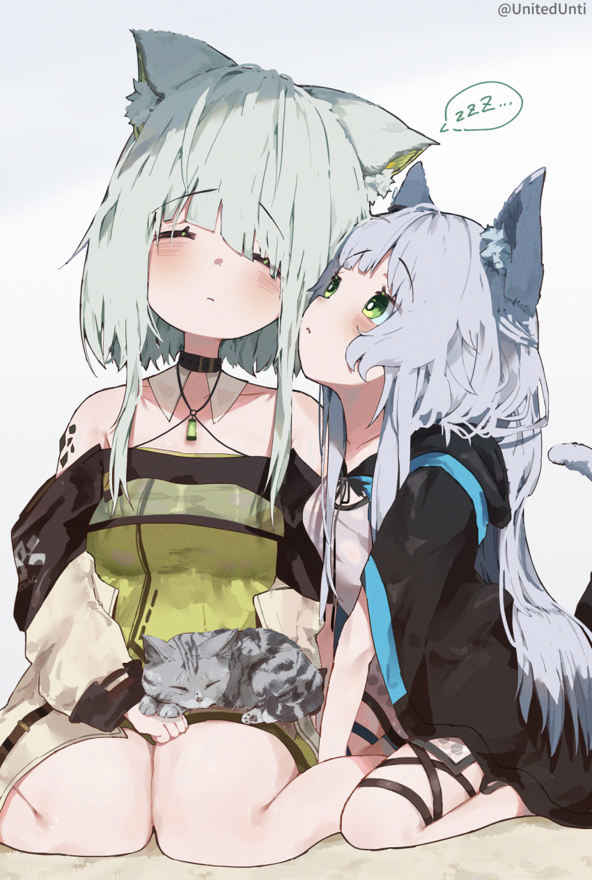 2girls animal_ears animal_on_lap arknights bare_legs black_choker black_coat blush breasts cat cat_day cat_ears cat_girl cat_on_lap cat_tail choker coat commentary_request detached_collar dress facing_viewer from_side green_dress green_eyes grey_hair hand_on_own_thigh highres jewelry kal'tsit_(arknights) long_hair looking_at_another medium_breasts medium_hair multiple_girls necklace on_lap oripathy_lesion_(arknights) rosmontis_(arknights) sitting sleeping spoken_zzz tail thigh_strap unitedunti very_long_hair white_dress white_hair zzz