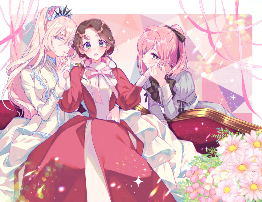 3girls blue_dress blush bow brown_hair character_request dress frilled_dress frills genkai_ol-san_wa_akuyaku_reijoh-sama_ni_tsukaetai lapis_tenebrae multiple_girls natori_midori official_art polygamy purple_dress red_dress shinonome_neko-tarou white_dress yuri