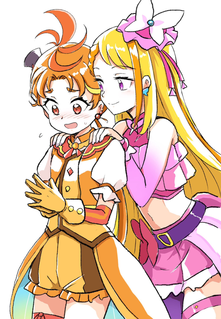 1boy 1girl bare_shoulders belt black_belt blonde_hair blush commentary cure_butterfly cure_wing detached_sleeves gloves hands_on_another's_shoulders hat highres hijiri_ageha hirogaru_sky!_precure juliet_sleeves long_hair long_sleeves midriff mini_hat multicolored_hair orange_eyes orange_gloves orange_hair orange_shorts own_hands_clasped own_hands_together pink_eyes pink_skirt precure puffy_sleeves shorts skirt smile symbol-only_commentary thigh_strap uraki