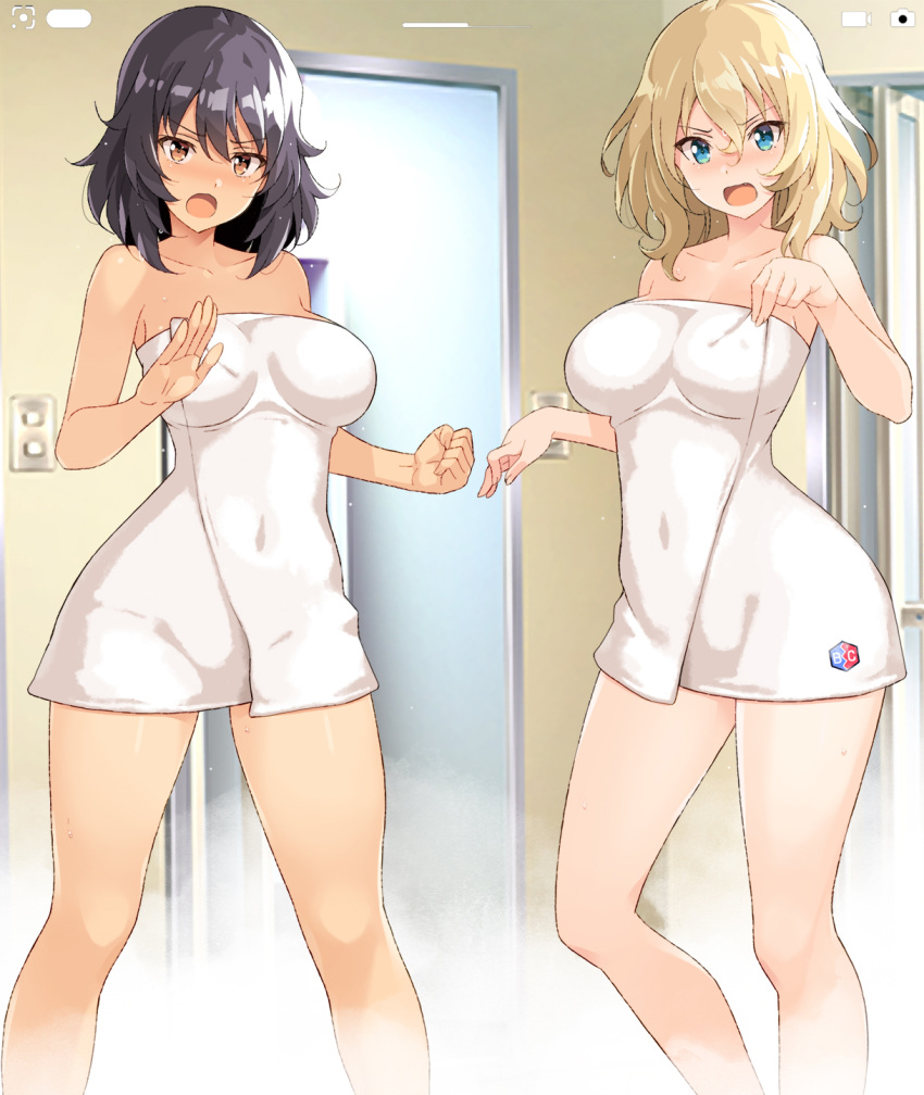 2girls andou_(girls_und_panzer) angry bangs bc_freedom_(emblem) black_hair blonde_hair blue_eyes blush breasts brown_eyes clenched_hand collarbone commentary_request covered_navel emblem girls_und_panzer hair_between_eyes highres indoors looking_at_viewer medium_breasts medium_hair multiple_girls nakamura_yukitoshi naked_towel open_mouth oshida_(girls_und_panzer) standing steam towel towel_pull v-shaped_eyebrows