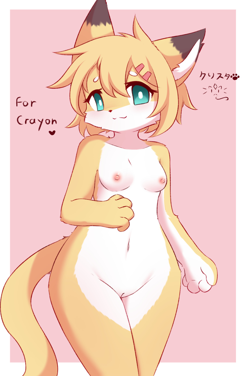 absurd_res anthro breasts domestic_cat felid feline felis female fur genitals hairclips_oc_(crayon) hi_res kemono kryztar mammal pussy solo yellow_body yellow_fur young