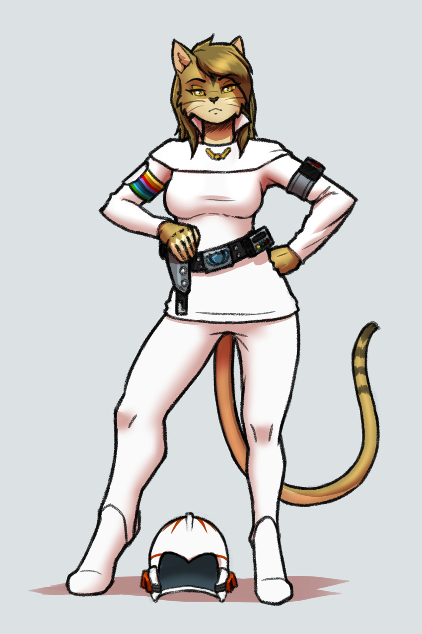 2023 absurd_res anthro armor belt breasts buck_rogers eyebrows eyelashes felid feline felis female fur hair headgear helmet hi_res holster looking_at_viewer mammal mykegreywolf sand_cat science_fiction solo tan_body tan_fur whiskers