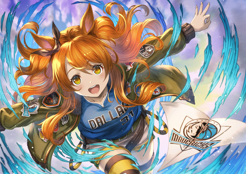 1girl :d animal_ears bangs basketball_jersey belt bomber_jacket breasts brooklyn_nets brown_ribbon brown_thighhighs chicago_bulls cleveland_cavaliers cloud collarbone commentary_request cowboy_shot dallas_mavericks ear_ribbon floating_hair golden_state_warriors green_belt green_jacket hair_between_eyes horse_ears horse_girl jacket long_hair long_sleeves looking_at_viewer los_angeles_lakers mayano_top_gun_(umamusume) national_basketball_association new_york_knicks open_clothes open_jacket open_mouth orange_eyes orange_hair outstretched_arms paper_airplane partial_commentary philadelphia_76ers ribbon running short_shorts shorts sidelocks small_breasts smile solo teeth thighhighs two_side_up umamusume upper_teeth_only white_shorts yakkuro