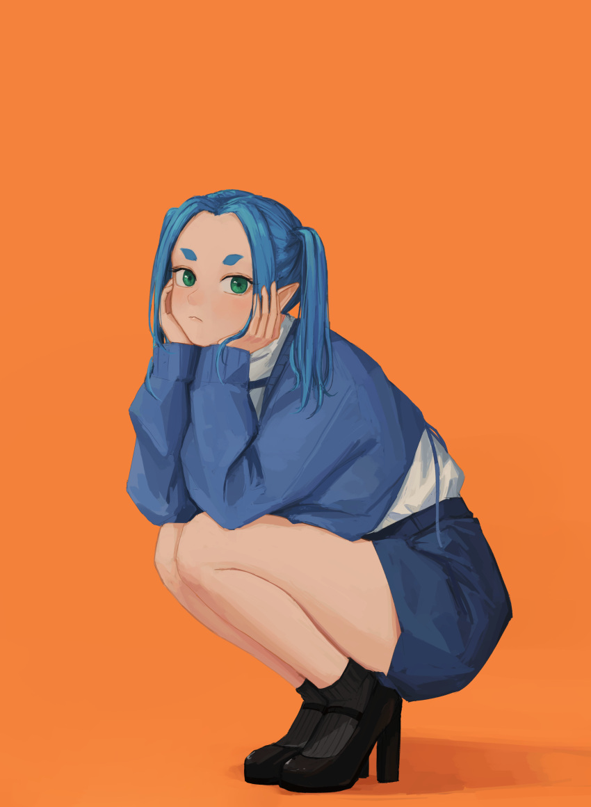 1girl absurdres alternate_costume aqua_hair black_footwear black_socks blue_shorts blue_sweater closed_mouth expressionless green_eyes hands_on_own_chin hands_up head_rest high_heels highres looking_at_viewer monogatari_(series) nemo_ringo ononoki_yotsugi orange_background pointy_ears shirt short_eyebrows short_twintails shorts simple_background socks solo squatting sweater thick_eyebrows twintails white_shirt