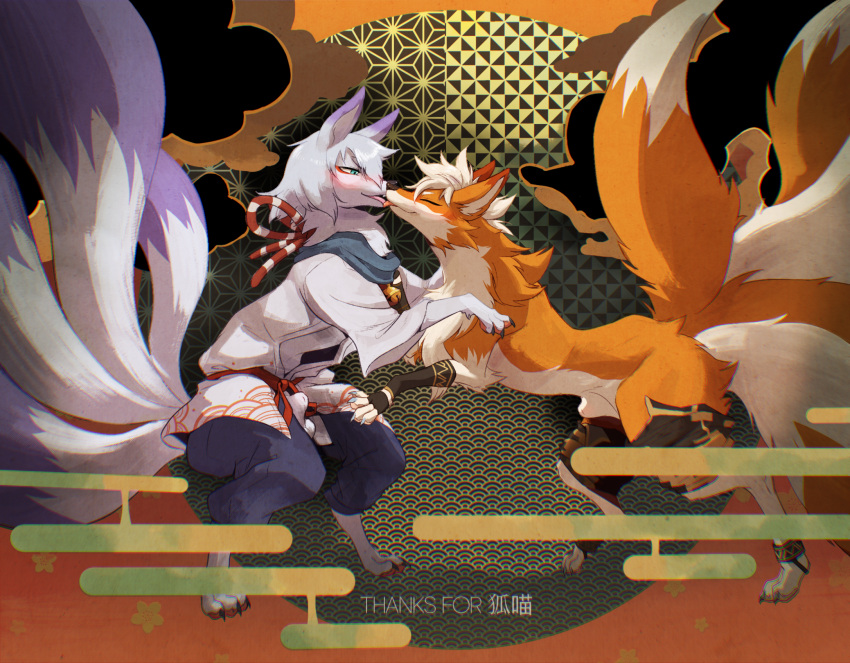 abstract_background animal_genitalia balls black_nose blue_eyes canid canine cheek_tuft chest_tuft claws clothed clothed_feral clothing digitigrade dipstick_ears dipstick_tail duo ears_back english_text eyes_closed facial_tuft feral finger_claws fox fully_sheathed fur genitals head_tuft hi_res inner_ear_fluff kissing licking looking_at_another male male/male mammal markings multi_tail multicolored_ears orange_body orange_fur pawpads pink_pawpads pivoted_ears purple_body purple_fur quadruped shaded sheath smile snout tail tail_markings tenebscuro text toe_claws tongue tongue_out tuft white_body white_fur