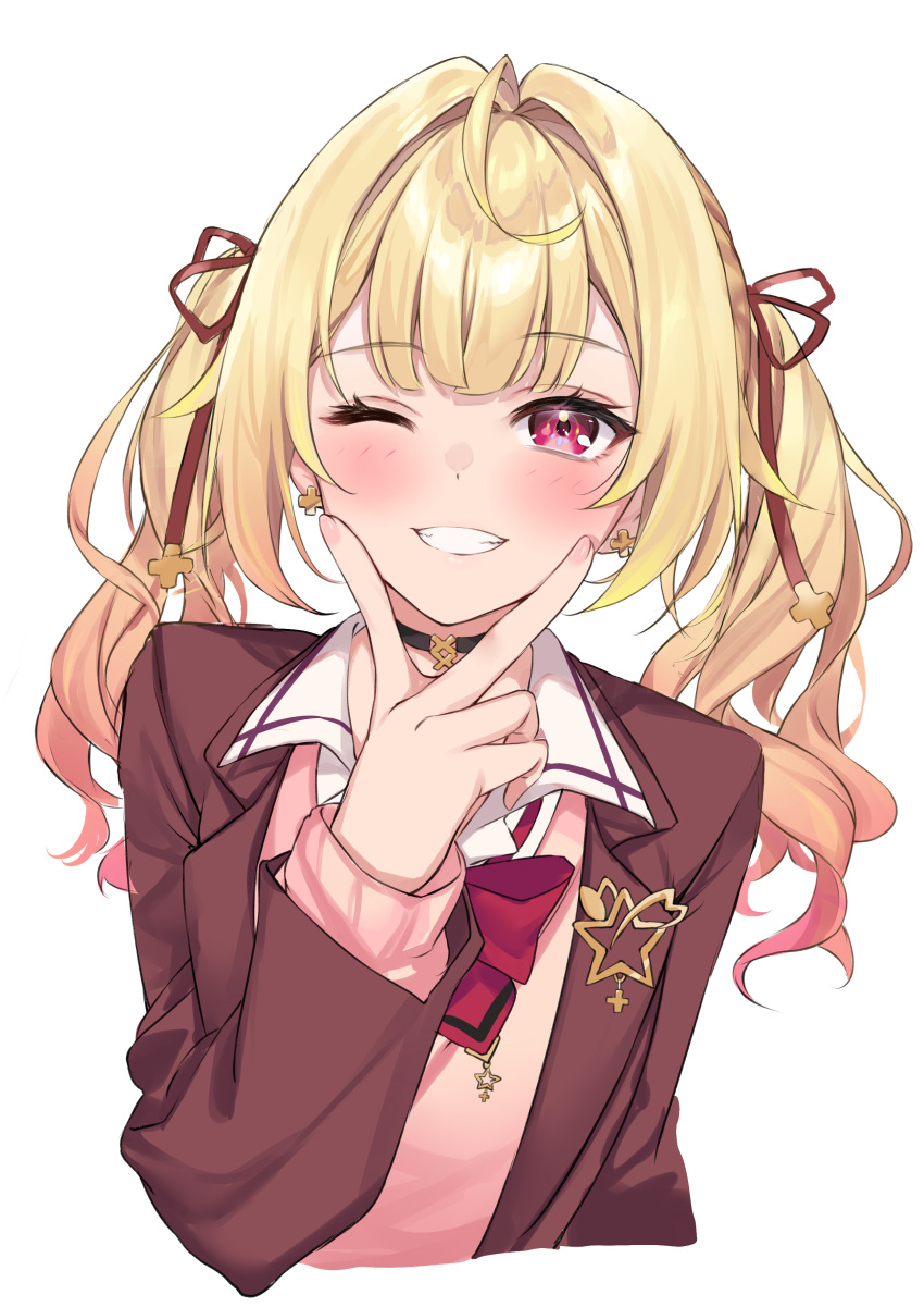1girl absurdres ahoge bangs black_choker blazer blonde_hair blush bow bowtie brown_jacket cardigan choker collared_shirt commentary cropped_torso earrings grin hair_ribbon highres hoshikawa_sara jacket jewelry kurokin lapel_pin lapels long_hair long_sleeves looking_at_viewer nijisanji one_eye_closed open_clothes open_jacket pink_cardigan red_bow red_bowtie red_eyes red_ribbon ribbon school_uniform shirt simple_background smile solo star_(symbol) symbol-only_commentary twintails upper_body v v_over_mouth virtual_youtuber white_background white_shirt