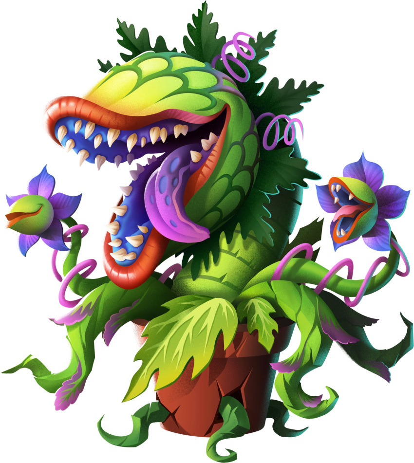 audrey_ii ctrlzee_art elemental_creature fangs flora_fauna flower flower_pot green_body hi_res leaf lips little_shop_of_horrors multiversus on_model open_mouth orange_lips plant simple_background teeth tongue tongue_out white_background