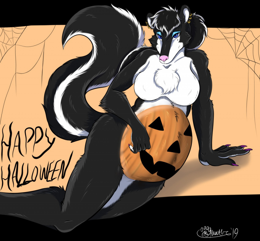 2019 anthro black_and_white_fur breasts brianna_jackson chest_tuft claws ear_piercing ear_ring featureless_breasts female fur halloween holidays jack-o'-lantern looking_at_viewer lying mammal marcushunter markings mephitid mole_(marking) nude on_side painted_belly piercing pink_nose raised_tail ring_piercing signature skunk solo spider_web tail text tuft