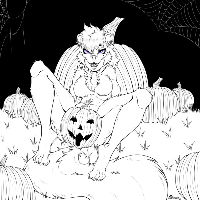 2021 anthro breasts brianna_jackson chest_tuft chin_piercing claws covering covering_crotch ear_piercing ear_ring fangs featureless_breasts female food fruit grass half-closed_eyes halloween hi_res holidays jack-o'-lantern leaning leaning_back looking_at_viewer mammal marcushunter mephitid narrowed_eyes nude open_mouth piercing plant pumpkin ring_piercing signature sitting skunk smile smiling_at_viewer solo spider_web spread_legs spreading tail tail_between_legs teeth toe_claws tongue tongue_piercing tuft