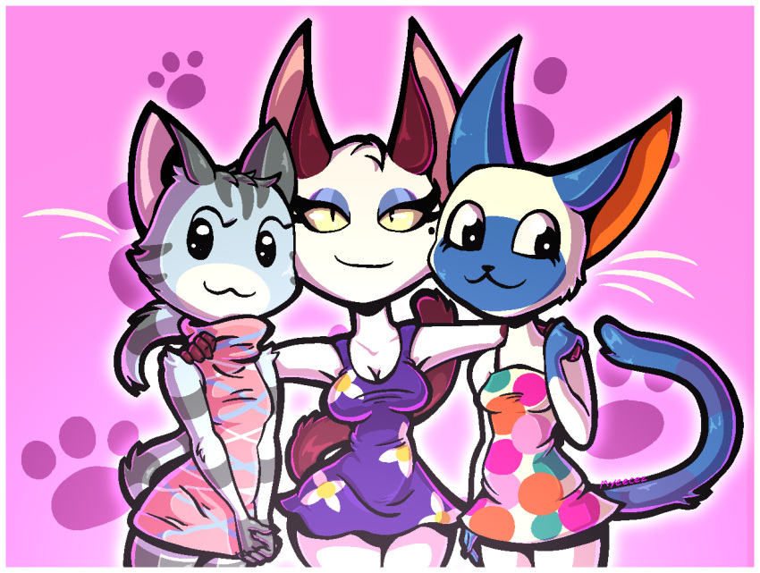 2018 animal_crossing anthro biped black_eyes blue_body blue_ears blue_eyeshadow blue_fur blue_tail breasts brown_ears brown_tail cheek_tuft cleavage clothed clothing digital_drawing_(artwork) digital_media_(artwork) domestic_cat dress eyelashes eyeshadow facial_tuft felid feline felis female footprint fur gradient_background grey_body grey_ears grey_fur group head_tuft lolly_(animal_crossing) makeup mammal markings mitzi_(animal_crossing) mole_(marking) myeecez nintendo olivia_(animal_crossing) pawprint pink_background portrait pupils signature simple_background slit_pupils striped_body striped_fur striped_markings striped_tail stripes tail tail_markings three-quarter_portrait toony trio tuft white_body white_fur yellow_sclera