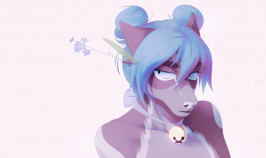 anthro artist_name bell blue_eyes blue_flower blue_hair blue_nose bust_portrait clothed clothing ears_back eyelashes female flower fur grey_body grey_fur hair looking_aside mouth_closed narrowed_eyes pivoted_ears plant portrait purple_body purple_fur purple_hair simple_background solo topless unknowhiter white_background