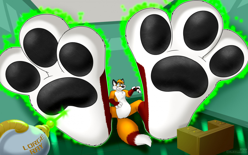 3_toes 4_fingers anthro big_feet black_nose black_pawpads canid canine cheek_tuft clenched_teeth countershading expansion eyewear eyewear_on_head facial_tuft feet fingers first_person_view floor foot_expansion foot_focus fox fur furniture furniture_damage glasses glasses_on_head green_aura head_tuft hi_res holding_object huge_feet hyper hyper_feet kitsunekit laser_beam laser_gun male mammal orange_body orange_fur orange_head_tuft pawpads ranged_weapon solo teeth tile tile_floor toes tuft watermark weapon white_body white_cheek_tuft white_countershading worried worried_look