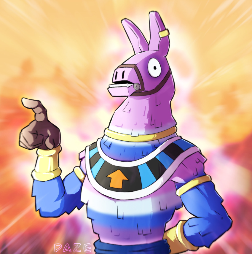 1other absurdres armlet artist_name beerus blue_fur blue_sash bracer commentary dragon_ball ear_ornament egyptian_clothes english_commentary fortnite furry fusion gradient_background hand_up highres llama multicolored_fur pointing purple_fur red_background sash supply_llama_(fortnite) white_fur wrist_cuffs xdaze