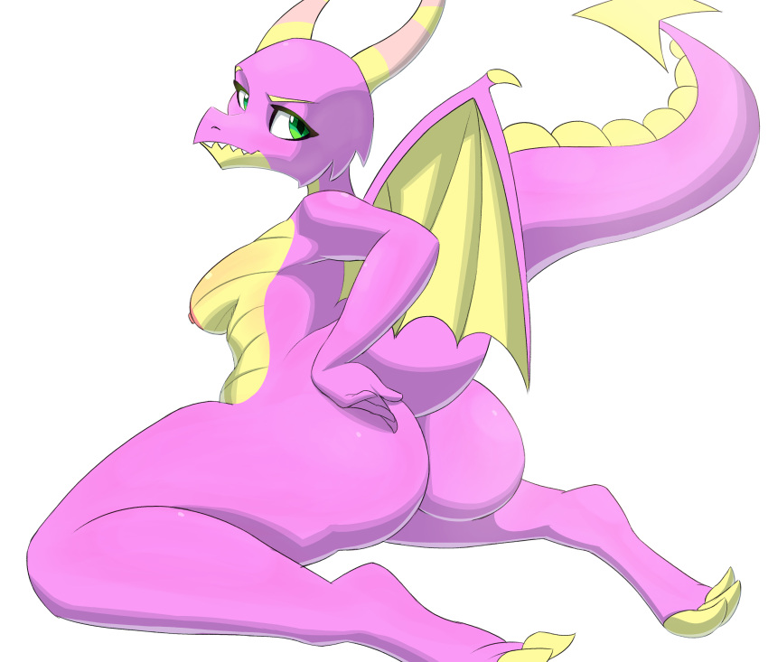 2022 2_horns absurd_res ahobobo anthro areola big_butt breasts butt digital_drawing_(artwork) digital_media_(artwork) dragon dragon_wings female friendship_is_magic green_eyes hasbro hi_res horn looking_at_viewer looking_back looking_back_at_viewer multicolored_body multicolored_scales my_little_pony nipples non-mammal_breasts nude pink_body pink_scales scales scales_(mlp) scalie sharp_teeth side_boob simple_background solo spade_tail teeth two_tone_body two_tone_scales white_background wide_hips yellow_body yellow_scales