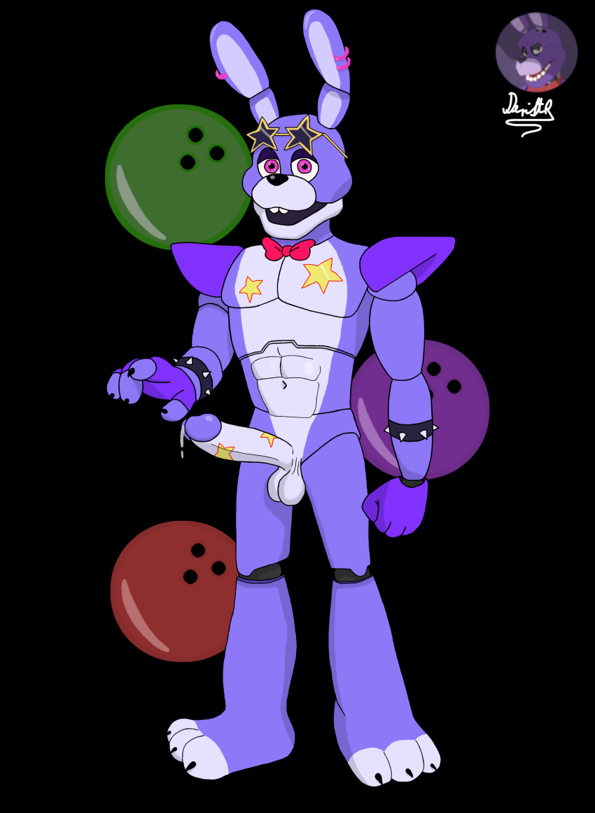 absurd_res animatronic anthro bow_tie bowling_ball buckteeth clothing deriftr erection eyewear five_nights_at_freddy's genitals glamrock_bonnie_(fnaf) gloves handwear hi_res humanoid lagomorph leporid machine male mammal muscular muscular_male penis purple_body purple_eyes purple_penis rabbit robot scottgames solo spikes standing star sunglasses teeth