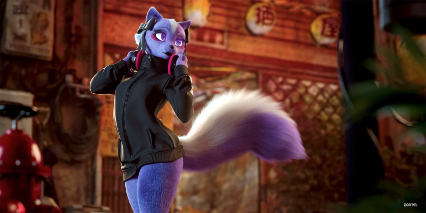 3d_(artwork) accessory aggressive_retsuko anthro artist_name black_clothing black_jacket black_topwear bottomless bottomless_anthro bottomless_female clothed clothing detailed detailed_fur digital_media_(artwork) female fur hair_accessory hair_ribbon headphones headphones_around_neck hi_res jacket mammal mephitid open_mouth purple_body purple_eyes purple_fur ribbons sanrio shikabane skunk solo standing topwear zorryn