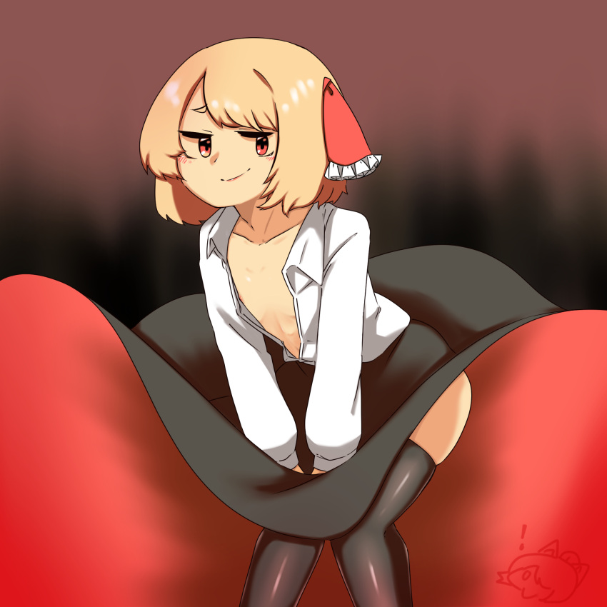 ! 1girl areola_slip bangs black_skirt black_thighhighs blonde_hair blush closed_mouth collared_shirt commentary_request feet_out_of_frame flat_chest hair_ribbon highres knees_together_feet_apart kurodani_yamame long_skirt long_sleeves looking_at_viewer no_vest open_clothes open_shirt red_eyes red_ribbon red_skirt ribbon rinyamame rumia shirt short_hair skirt smile smug solo standing thighhighs touhou two-sided_fabric two-sided_skirt white_shirt
