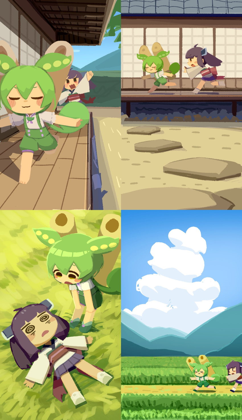 2girls :3 @_@ absurdres ahoge angry bangs blade blue_sky blunt_bangs blush_stickers bow brown_hair chasing chibi closed_eyes cloud collage commentary day exhausted field grass green_hair green_shorts hair_between_eyes headgear highres japanese_clothes kimono kiritanpo_(food) konohoshi long_hair looking_at_another low_ponytail lying medium_hair mountainous_horizon multiple_girls obi obijime on_back on_ground open_mouth outdoors pea_pod puffy_shorts purple_skirt red_bow red_eyes running sash shirt short_kimono short_sleeves short_twintails shorts shouji shouting skirt sky sliding_doors summer suspender_shorts suspenders symbol-only_commentary theft tile_roof touhoku_kiritan twintails v-shaped_eyebrows veranda voiceroid voicevox waist_bow white_kimono white_shirt wide_sleeves wooden_floor yellow_eyes zundamon