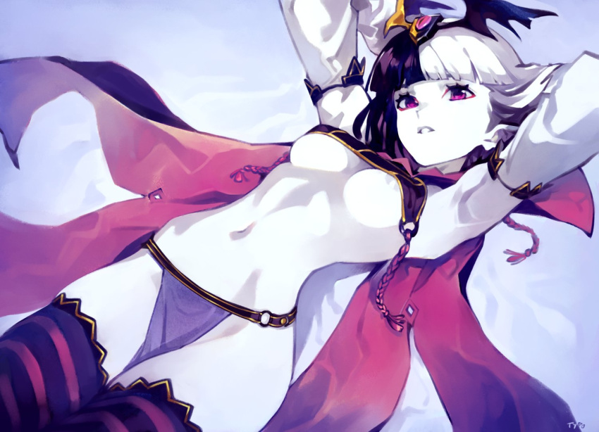 1girl areola_slip armpits arms_behind_head arms_up artist_name bangs black_hair blunt_bangs breasts cape colored_skin commentary detached_sleeves draculita english_commentary indie_virtual_youtuber long_sleeves looking_at_viewer medium_breasts multicolored_hair navel optionaltypo parted_lips pelvic_curtain purple_eyes solo split-color_hair stomach striped striped_thighhighs thighhighs two-tone_hair underboob virtual_youtuber white_hair white_skin