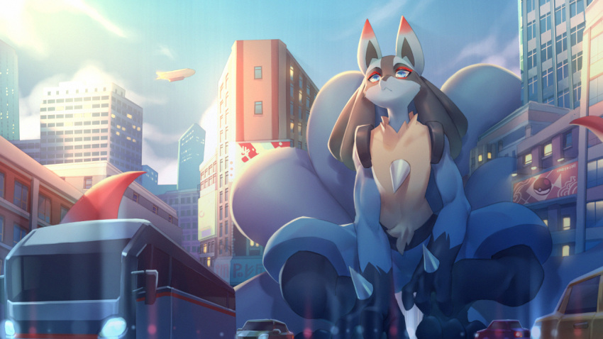 16:9 2021 3_fingers 3_toes aircraft airship ambiguous_gender anthro billboard biped blue_body blue_eyes blue_fur bus canid canine car city commercial_vehicle crouching day feet fingers fox fur generation_4_pokemon gloves_(marking) grainy hybrid infurnoz looking_down lucario lumanoto_(mmpw) macro mammal markings multi_tail nintendo outside pokeball pokemon pokemon_(species) public_transportation red_markings solo spikes spikes_(anatomy) tail toes vehicle vehicle_for_hire widescreen yellow_body yellow_fur