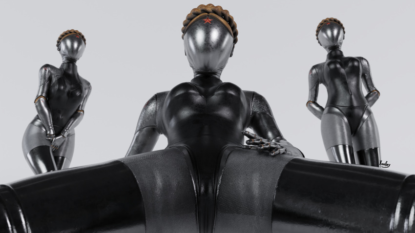 16:9 3d_(artwork) 4k absurd_res android atomic_heart ballerina ballet blender_(software) clothing cybernetics cyborg digital_media_(artwork) faceless female female/female group hair hi_res humanoid koofey legwear machine multiple_poses pose potty_dance robot robot_humanoid spread_legs spreading swimwear the_twins_(atomic_heart) trio widescreen