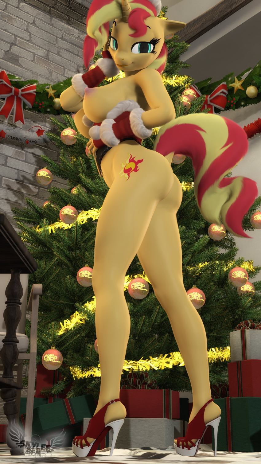 3d_(artwork) absurd_res anthro anthrofied armwear blonde_hair blue_eyes breasts butt christmas christmas_clothing christmas_tree clothing digital_media_(artwork) elbow_gloves equestria_girls equid equine female fingerless_elbow_gloves fingerless_gloves footwear gloves hair handwear hasbro hi_res high_heels holidays horn long_legs looking_at_viewer low-angle_view mammal my_little_pony nipples plant red_hair skyleesfm solo sunset_shimmer_(eg) tree unicorn