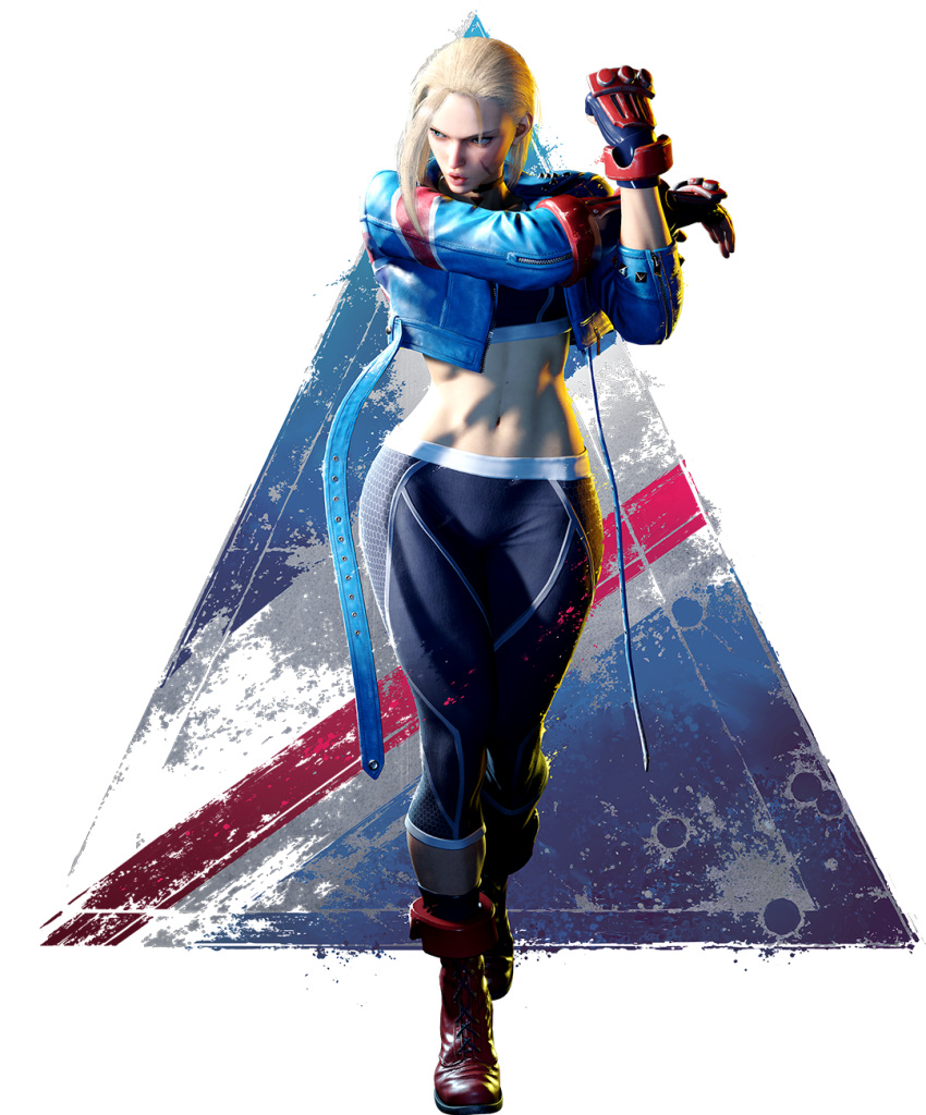 1girl abs blue_jacket boots cammy_white capcom crop_top cropped_jacket fingerless_gloves full_body gloves highres jacket looking_at_viewer navel official_art pants red_footwear scar scar_on_cheek scar_on_face short_hair solo stomach street_fighter street_fighter_6 tight tight_pants toned