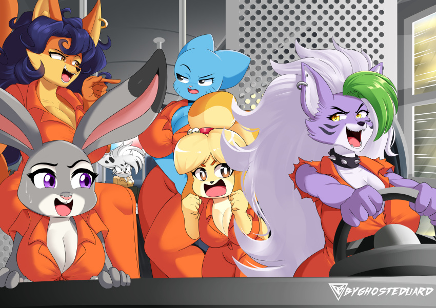 absurd_res angry animal_crossing anthro big_breasts blue_body breasts byghosteduard canid canine canis carmelita_fox cartoon_network collar dialogue disney domestic_cat domestic_dog felid feline felis female five_nights_at_freddy's five_nights_at_freddy's:_security_breach fox grey_body group hi_res isabelle_(animal_crossing) lagomorph leporid mammal nicole_watterson nintendo orange_body orange_skin prison_uniform purple_body purple_eyes rabbit roxanne_wolf_(fnaf) scottgames sly_cooper_(series) smile sony_corporation sony_interactive_entertainment sucker_punch_productions the_amazing_world_of_gumball wolf yellow_eyes zootopia