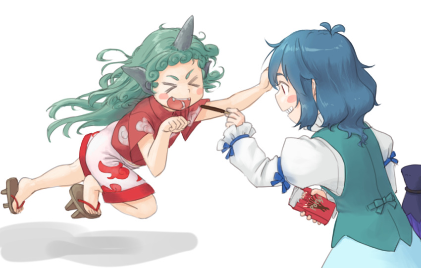 &gt;_&lt; 2girls :d animal_ears bangs blue_hair blue_skirt blush_stickers closed_eyes cloud_print commentary_request curly_hair food geta green_hair holding horns juliet_sleeves kariyushi_shirt kitano_(kitanosnowwhite) komano_aunn long_hair long_sleeves multiple_girls open_mouth pocky puffy_sleeves purple_umbrella red_shirt shirt short_sleeves shorts simple_background single_horn skirt smile tatara_kogasa teeth touhou umbrella vest white_background white_shorts xd