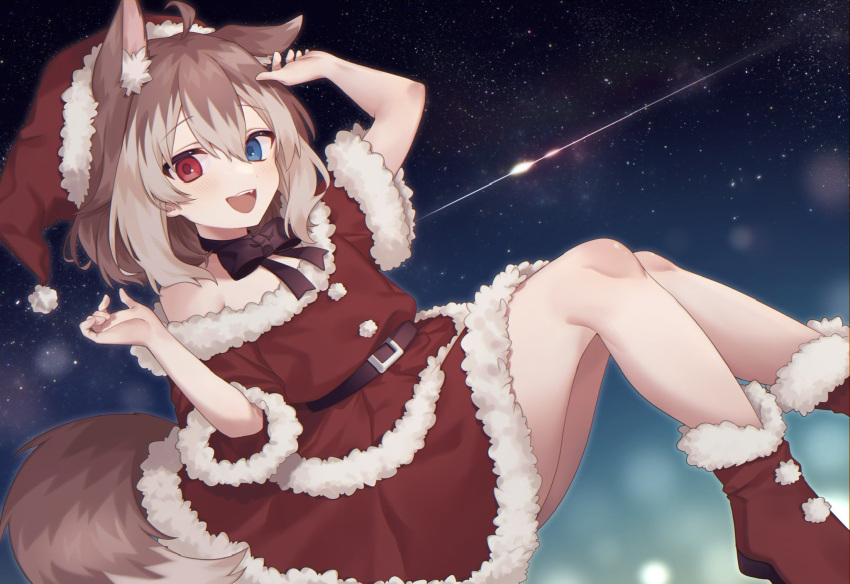 1girl :d animal_ears asano_yoru_(artist) belt blue_eyes boots bow_choker brown_hair dog_ears dog_girl dog_tail fur-trimmed_shirt fur-trimmed_skirt fur_trim hasuki_rui hat heterochromia highres indie_virtual_youtuber light_brown_hair medium_hair multicolored_hair off_shoulder red_eyes red_headwear red_shirt red_skirt santa_boots santa_costume santa_hat second-party_source shirt short_sleeves skirt sky smile star_(sky) starry_sky tail two-tone_hair virtual_youtuber