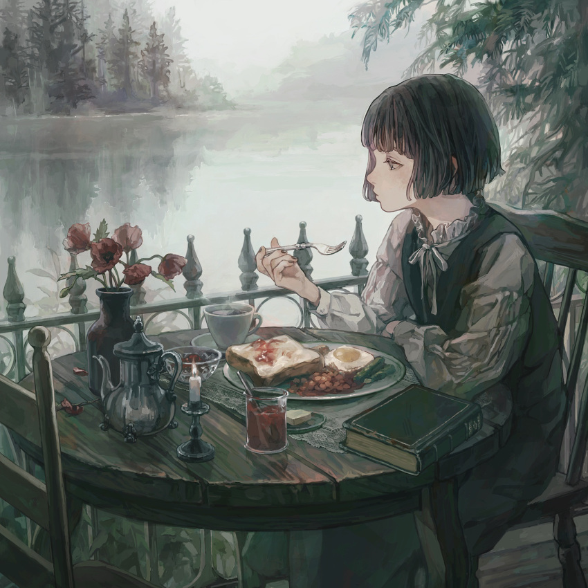 1girl arm_rest black_dress black_eyes black_hair black_nails bob_cut book bowl bread bread_slice breakfast candle commentary_request cup day dress fire flame flower fog food fork fried_egg frilled_shirt frills highres holding holding_fork hotatenshi jam lake long_dress long_sleeves looking_afar neck_ribbon on_chair original outdoors plate railing red_flower reflection reflective_water ribbon shirt short_hair sitting solo steam table tea teacup teapot tree vase water white_ribbon white_shirt wooden_chair wooden_table