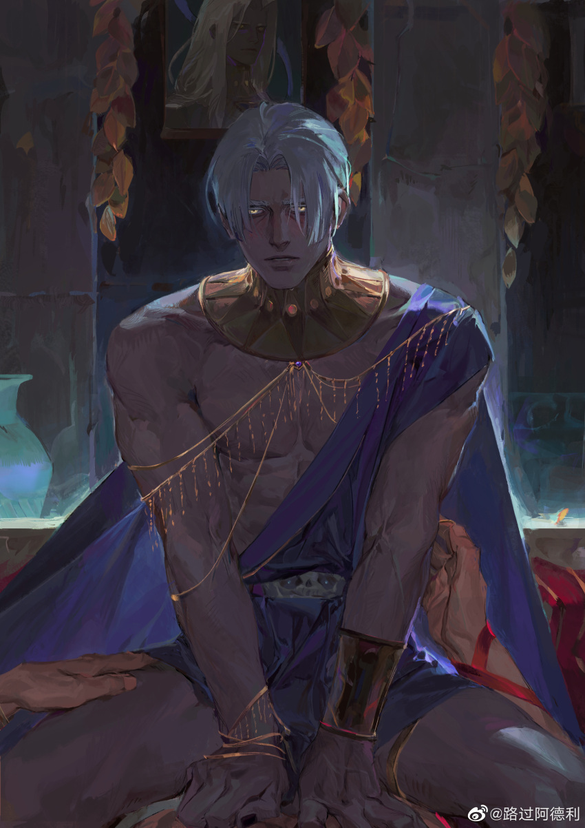 1boy abs absurdres bangs between_legs blush bracelet commentary dark feet_out_of_frame gold gorget hades_(series) hades_1 hand_between_legs hand_under_clothes hands_on_another's_hips highres jewelry lips looking_at_viewer luguoadeli_(maple12031) male_focus muscular muscular_male nose parted_bangs parted_lips short_hair sitting solo_focus spread_legs straight-on symbol-only_commentary thanatos_(hades) v_arms white_hair yellow_eyes