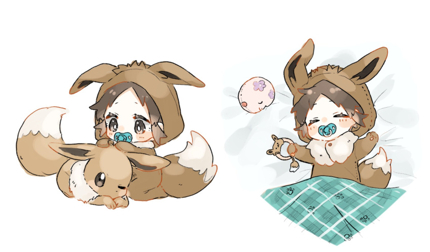 1boy aged_down baby blush_stickers bright_pupils brown_hair character_doll commentary_request cosplay eevee eevee_(cosplay) highres holding lying male_focus multiple_views munna nate_(pokemon) on_back onesie pacifier pokemon pokemon_(creature) pokemon_(game) pokemon_bw2 short_hair sleeping stitches under_covers upi_(ukn18pkanother) white_pupils