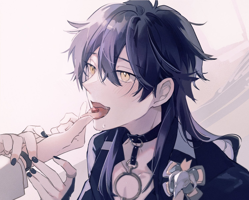 2boys :p bishounen black_choker black_nails blush brothers candy_heart choker eiden_(nu_carnival) highres incest long_hair long_sleeves looking_at_another male_focus multiple_boys nail_polish nu_carnival purple_hair rin_(nu_carnival) siblings tongue tongue_out yaoi yellow_eyes zym89622531