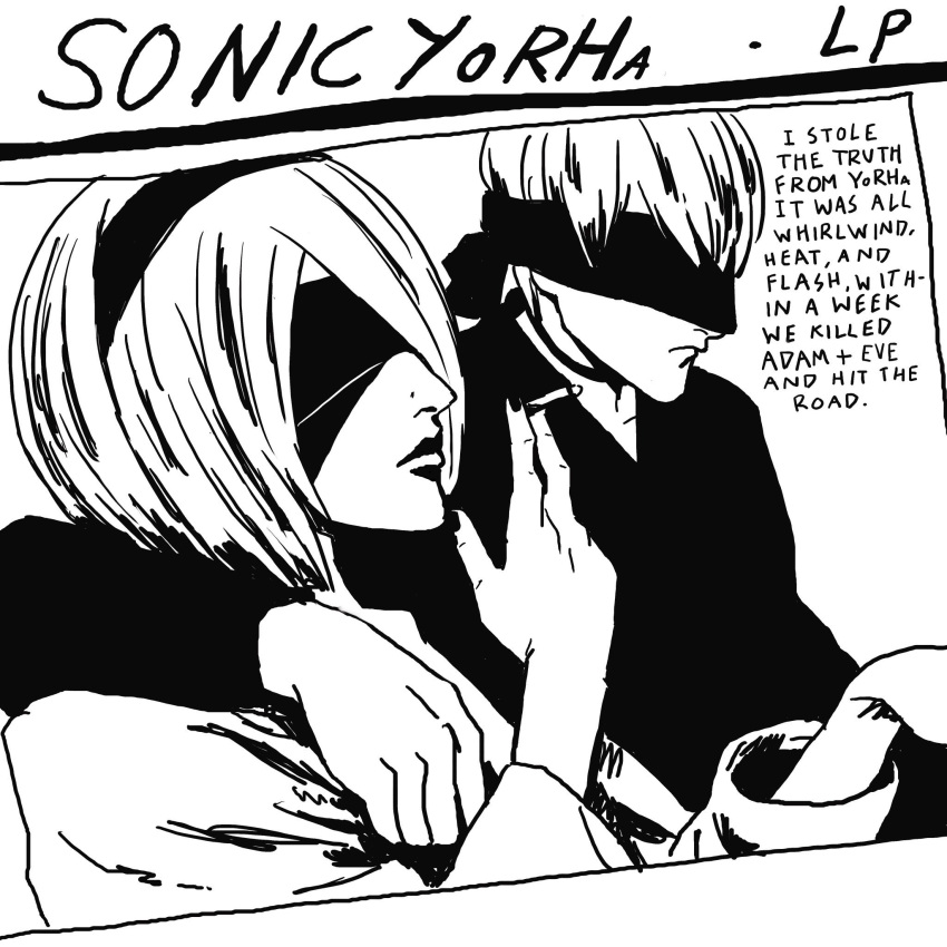 1boy 1girl album_cover_redraw barfchan black_choker blindfold choker cigarette covered_eyes derivative_work english_commentary english_text goo_(album) greyscale hair_over_one_eye headband highres holding holding_cigarette long_sleeves monochrome nier:automata nier_(series) sonic_youth v-neck white_background yorha_no._2_type_b yorha_no._9_type_s