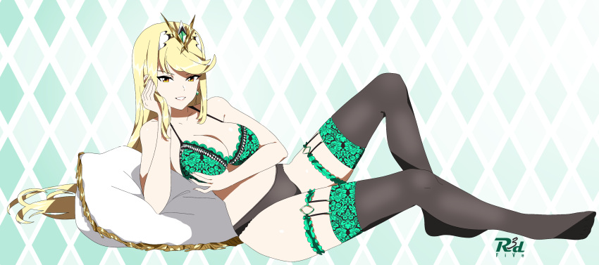 1girl absurdres argyle argyle_background arm_support artist_name bangs black_panties black_thighhighs blonde_hair bra breast_hold breasts bridal_garter cleavage commission earrings floral_print full_body gradient_background green_bra hand_on_own_cheek hand_on_own_face highres jewelry large_breasts leaning_back lingerie long_hair looking_at_viewer mismatched_underwear mythra_(xenoblade) orange_eyes panties parted_lips pillow pixiv_commission print_bra r3dfive sitting smile solo swept_bangs thighhighs tiara underwear underwear_only very_long_hair xenoblade_chronicles_(series) xenoblade_chronicles_2