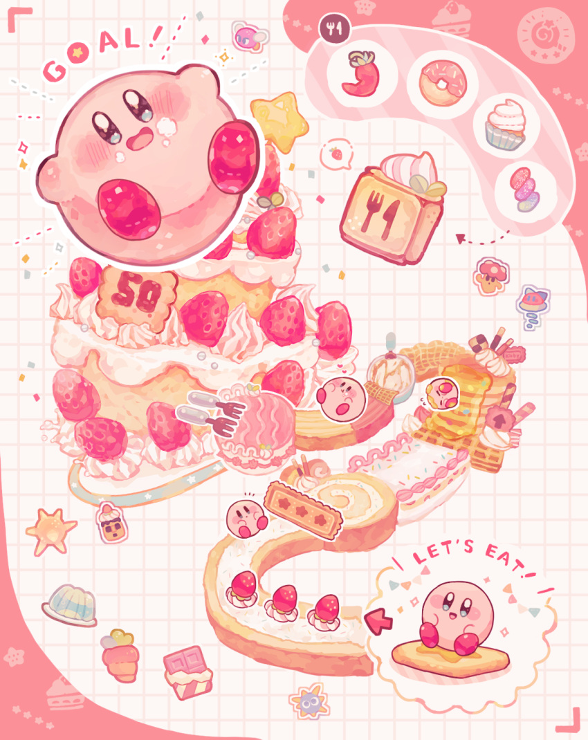 :d arrow_(symbol) blue_eyes blush blush_stickers bouncy_(kirby) bronto_burt cake candy cappy_(kirby) carrot checkerboard_cookie chili_pepper chocolate chocolate_bar commentary commentary_request cookie copy_ability cupcake doughnut english_text food fork fruit gelatin gordo grid_background highres kabu_(kirby) kirby kirby's_dream_buffet kirby_(series) looking_at_viewer metro_(metronome40310bis) no_humans open_mouth pancake pancake_stack simple_background smile sparkle star_(symbol) strawberry strawberry_shortcake wafer_stick waffle white_background
