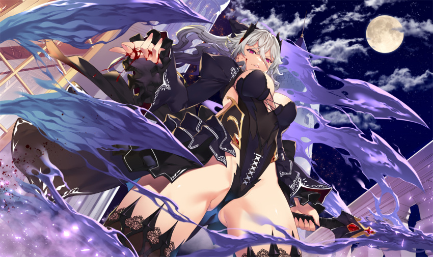 1girl black_thighhighs blood breasts cloud eden's_ritter_grenze full_moon grey_hair grin hair_between_eyes holding holding_sword holding_weapon horns leotard long_hair looking_at_viewer moon night night_sky outdoors purple_eyes sky smile solo sword tachibana_yuu thighhighs weapon