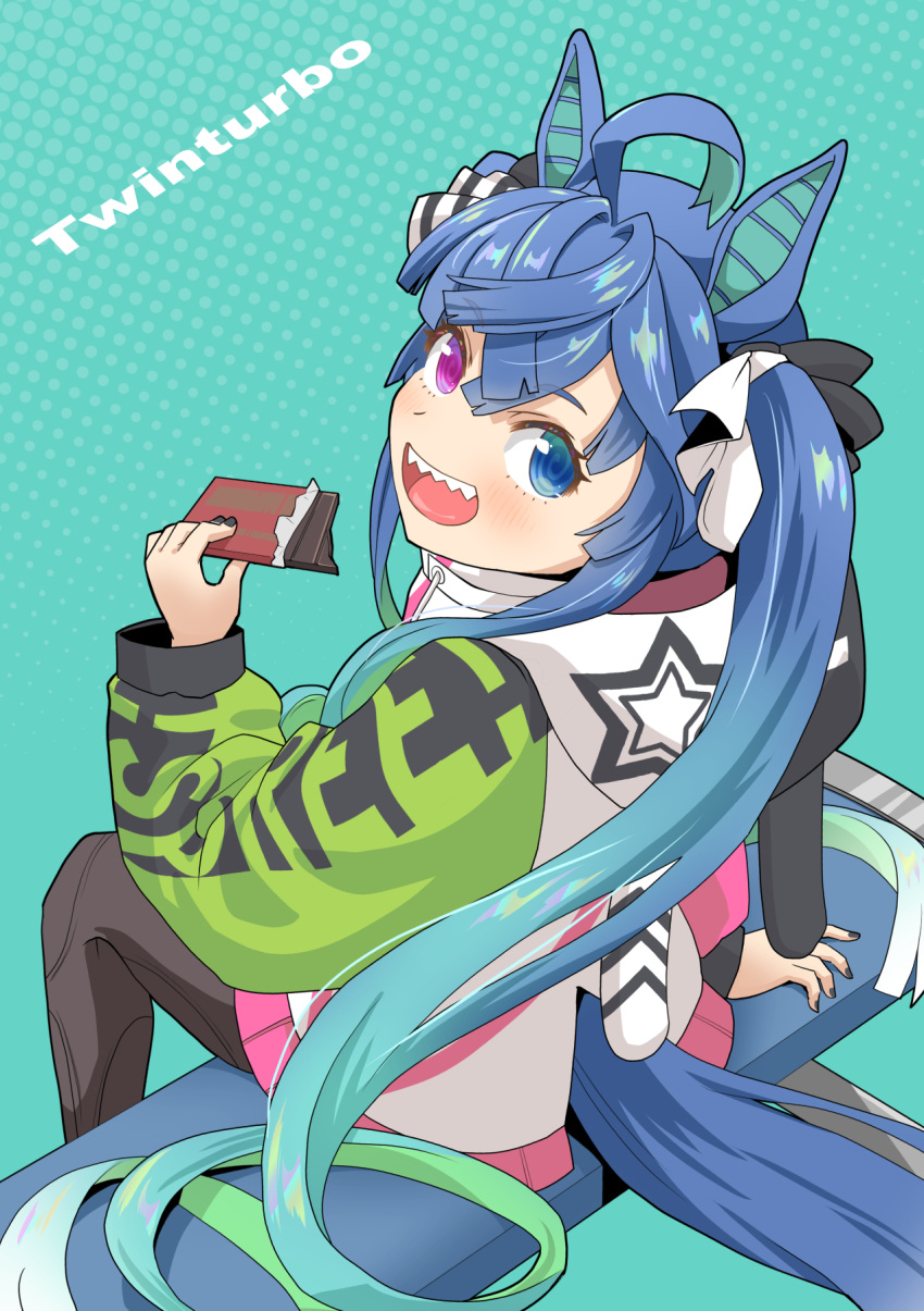 1girl ahoge animal_ears animal_hood aqua_background aqua_hair bangs bench black_bodysuit black_nails black_ribbon blue_eyes blue_hair bodysuit candy character_name chocolate chocolate_bar clothes_writing commentary food from_behind hair_ribbon haniwa_(leaf_garden) heterochromia highres holding holding_food hood hood_down hooded_coat horse_ears horse_girl horse_tail long_hair long_sleeves looking_at_viewer looking_back multicolored_coat multicolored_hair on_bench open_mouth purple_eyes rabbit_hood ribbon sharp_teeth short_hair sidelocks smile solo tail teeth twin_turbo_(umamusume) twintails two-tone_hair umamusume very_short_hair